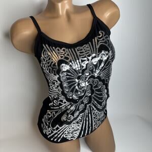 Y2K McBling Black Silver Sequin Cami Tank Top Party Rave Clubwear Festival XS S
